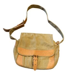 Vintage L.L. Bean Canvas Leather Messenger Crossbody Bag antique brass B10